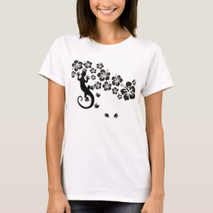 Camiseta hibisco floresce em preto com Gecko