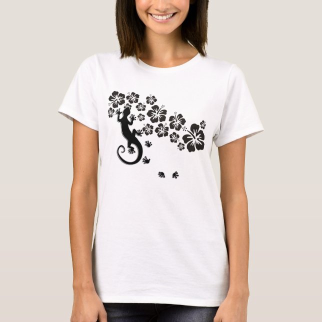 Camiseta hibisco floresce em preto com Gecko (Frente)