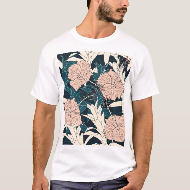 Camiseta hibisco rosa tropical, fundo escuro (Frente)