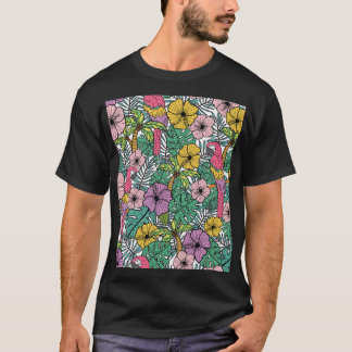 Camiseta hibisco tropical, palma, padrão de papagaios.