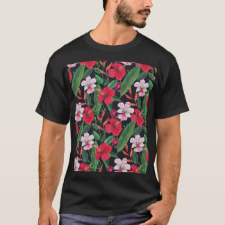 Camiseta hibisco vermelho, orquídeas, aquarela tropical.