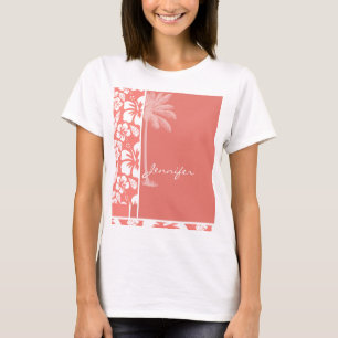 Camiseta Hibiscus tropical cor-de-rosa coral; Palma do