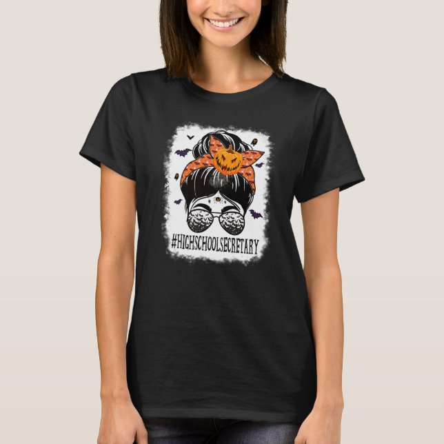 Camiseta High School Secretary Messy Bun Spooky Bat Orange  (Frente)