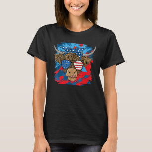 Camiseta Highland Cow Merica 4 de julho Heifer USA Flag Wes