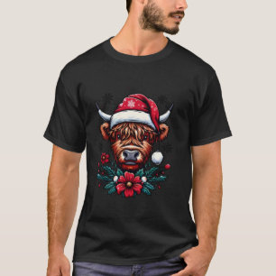 Camiseta Highland Cow Santa Claus Hat Bela Vaca Natal