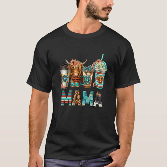 Camiseta Highland cow turquoise coffee cups MAMA barn mom w (Frente)