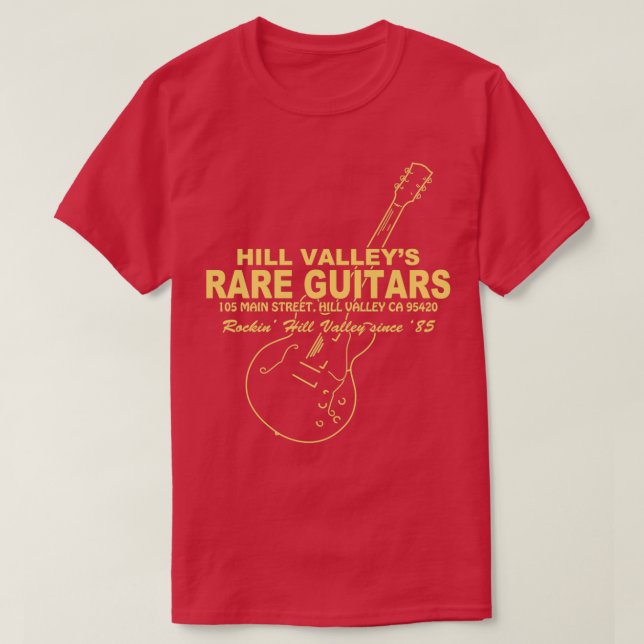 Camiseta Hill Valley Rare Guitars Rockin Since 85 Gibby (Frente do Design)