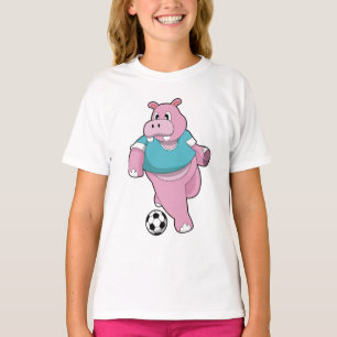 Camiseta Hipopótamo como jogador de futebol com bola de fut