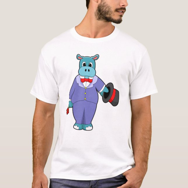 Camiseta Hipopótamo como Noivo com Terno e Rosa (Frente)