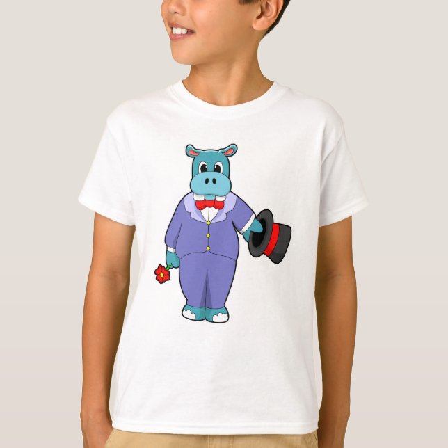 Camiseta Hipopótamo como Noivo com Terno & Rosa (Frente)