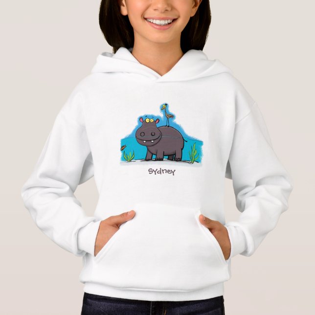 Camiseta Hipopótamo engraçado e fofo com desenho de pássaro (Frente)