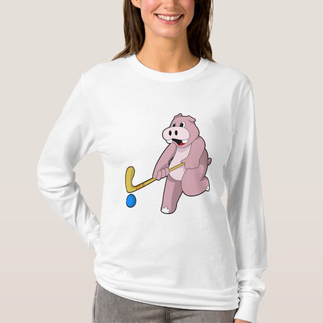 Camiseta Hipopótamo no hóquei com taco de hóquei (Frente)
