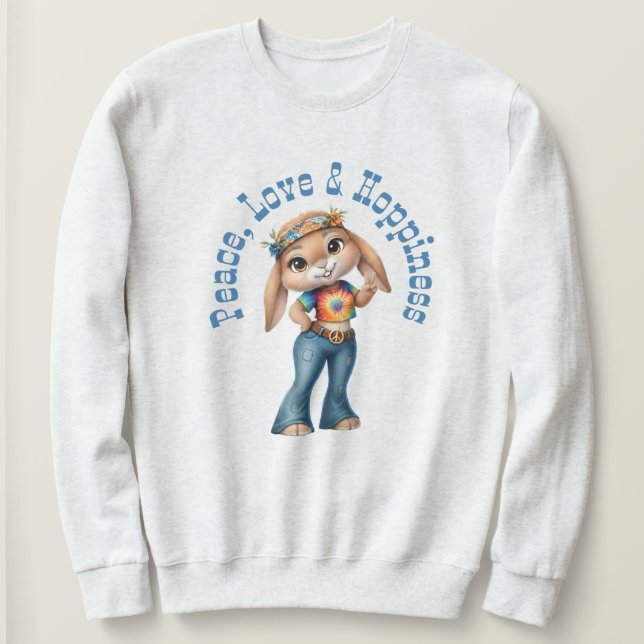 Camiseta Hippie Bunny – Peace, Love & Hoppiness (Frente do Design)