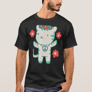 Camiseta Hippie Cat com Flores e Símbolo de Paz