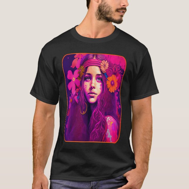 Camiseta Hippie Child In Pink With Flowers In Her Hair Retr (Frente)