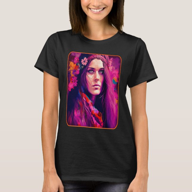 Camiseta Hippie Child In Pink With Flowers In Her Hair Retr (Frente)