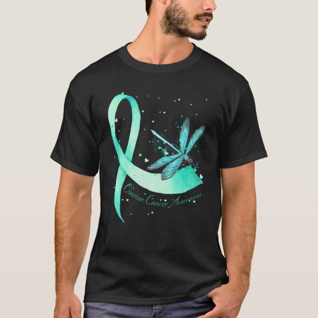 Camiseta Hippie Dragonfly Teal Ribbon Câncer de ovário Awar (Frente)