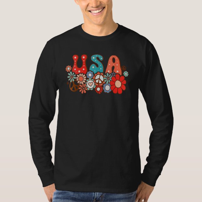 Camiseta Hippie Flower USA American Flag Groovy 4th Of July (Frente)