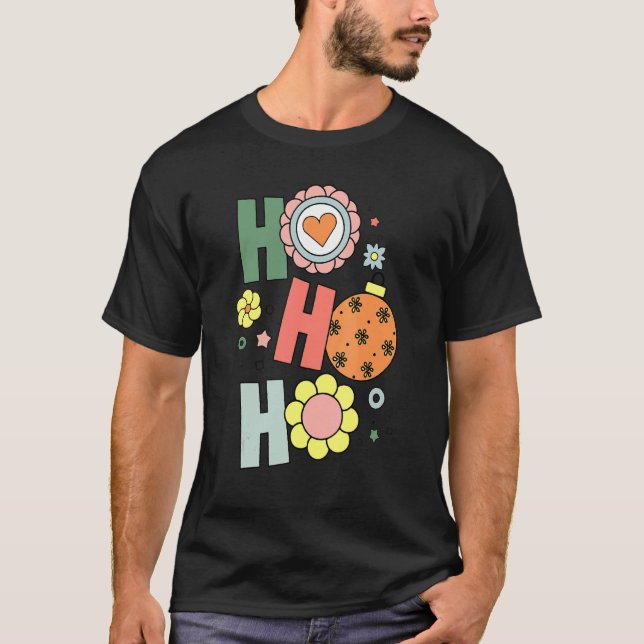 Camiseta Hippie Ho Ho Ho Christmas Retro Groovy Flower Baub (Frente)