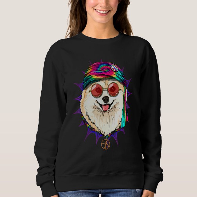 Camiseta Hippie Pomeranian Tie Dye Peace Sign Psychedelic D (Frente)