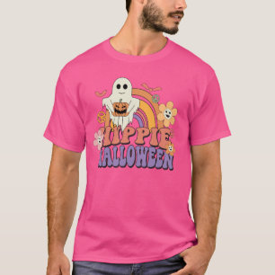 Camiseta Hippie Rainbow Halloween Ghost Pumpkin Retro Mulhe