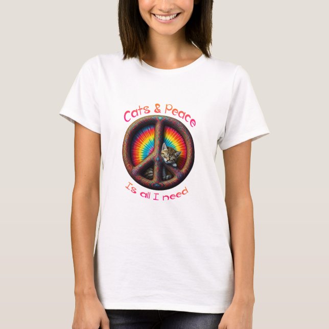 Camiseta Hippie Tie Dye Cat Amantes da Paz - Sinal Personal (Frente)
