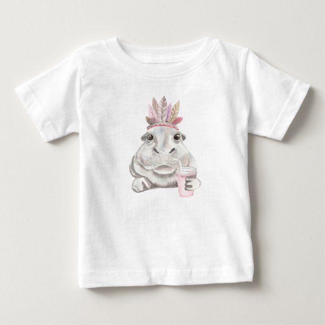CAMISETA HIPPO ADORÁVEL COM PINK E PENAS DE PINCO (Frente)