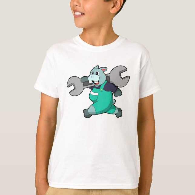 Camiseta Hippo como mecânico com chave inglesa (Frente)