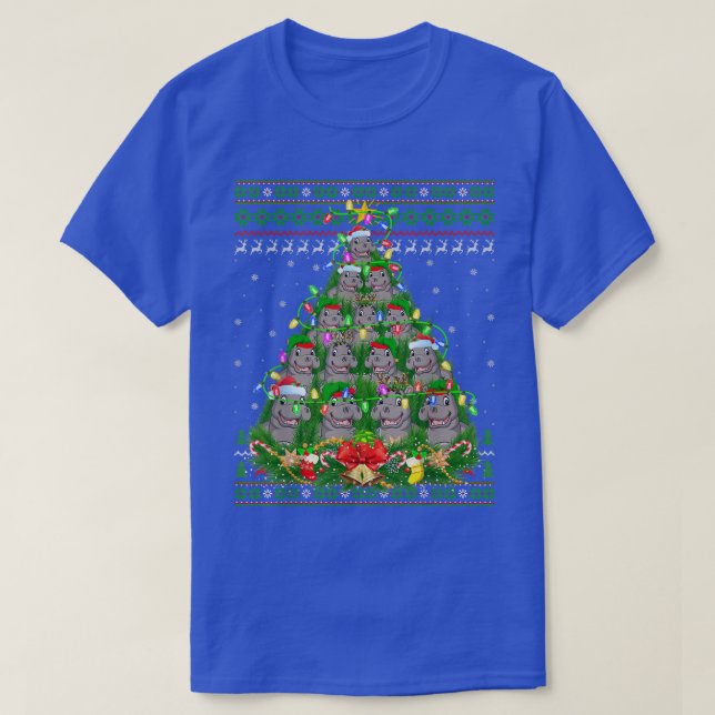 Camiseta Hippopotamus Xmas Lighting Tree Hippopotamus Ugly (Frente do Design)