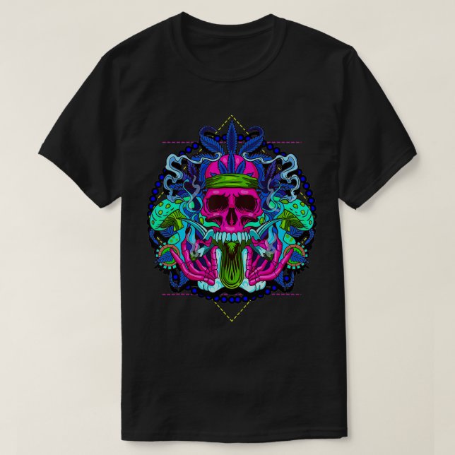 Camiseta Hippy Skull Weed Goth Mushrooms Psychedelic  (Frente do Design)