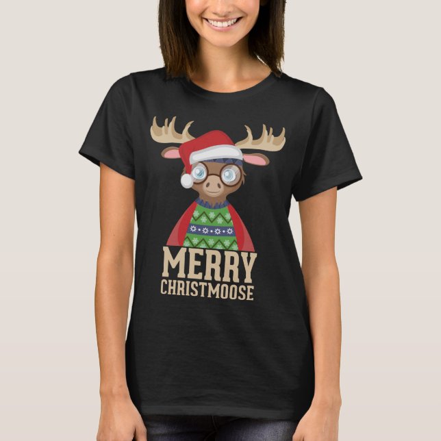 Camiseta Hipster Moose - Santa Hat - Feliz Christmoose Chri (Frente)