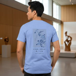 Camiseta Hiroshige Camélia e Pássaro Ukiyo-e Arte Azul Clar
