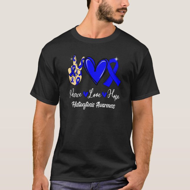 Camiseta Histiocytosis Awareness Peace Love Hope Blue Ribbo (Frente)