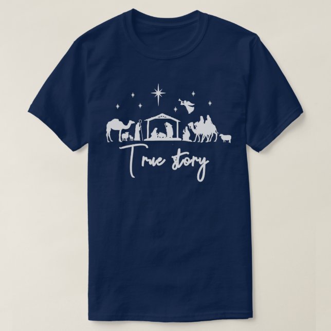 Camiseta História Verdadeira Natividade Natal Bebê Jesus Ma (Frente do Design)