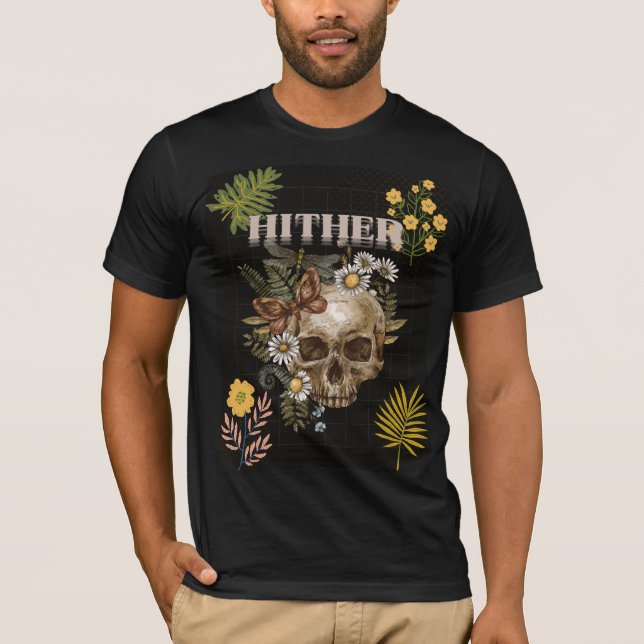 Camiseta Hither Skull & Flowers Tee – Gothic Floral Art  (Frente)