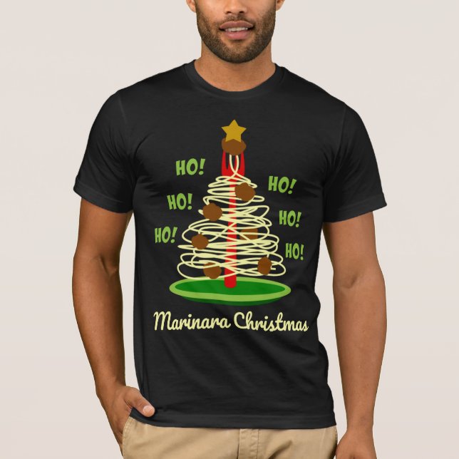 Camiseta Ho! Ho! Ho! Árvore de Massas de Natal Marinara (Frente)