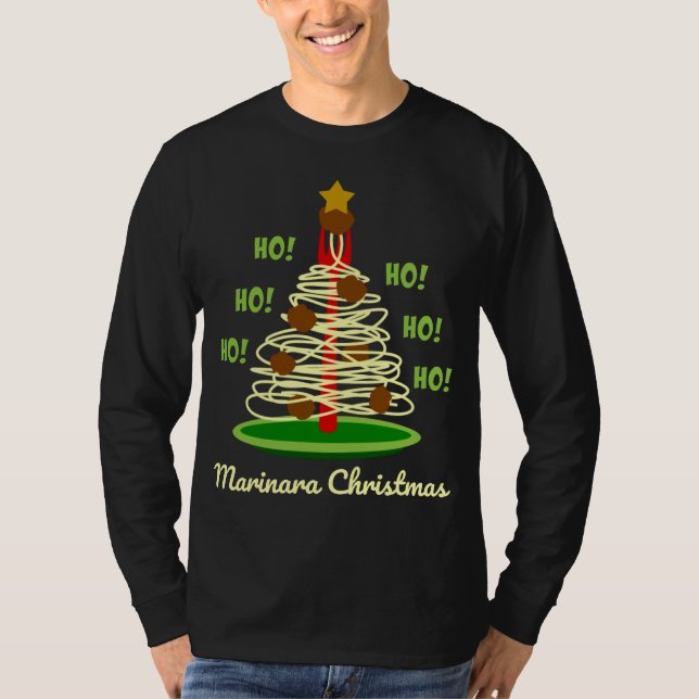 Camiseta Ho! Ho! Ho! Árvore de Massas de Natal Marinara (Frente)
