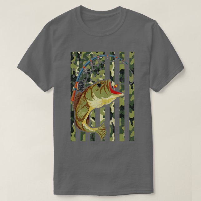 Camiseta Hobby Americano Angling Fish Camuflage US Flag Fis (Frente do Design)