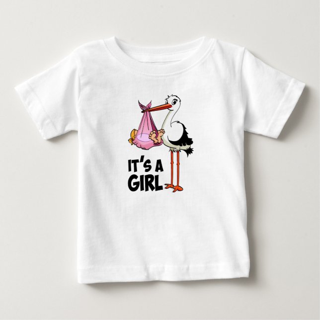 Camiseta Hoera het is een meisje - ooievaar met baby. (Frente)