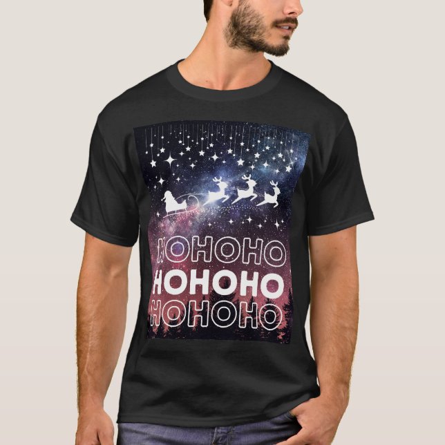 Camiseta Hohoho Santa Claus Reindeers Red Starry Sky (Frente)