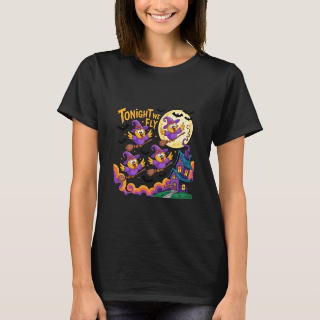 Camiseta Hoje Voamos Frango Bruxa Halloween (Frente)