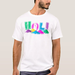 Camiseta Holi com as pilhas de pós coloridos
