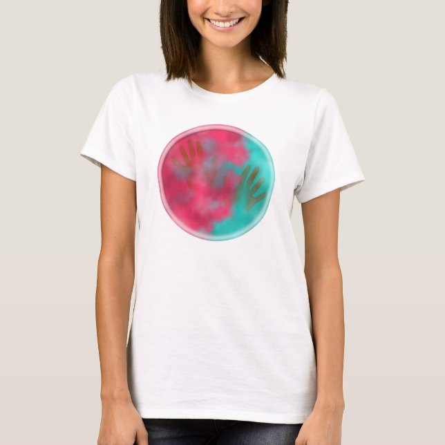 Camiseta Holi Hai Pó e Mãos, Teal e Rosa (Frente)