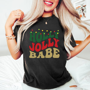 Camiseta Holly Jolly Babe Retro Groovy Natal Negro