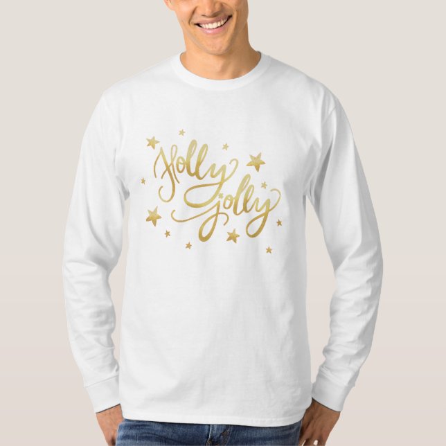 Camiseta Holly Jolly | Elegante Dourado Faux Foil Script (Frente)
