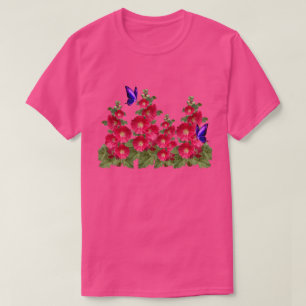 Camiseta Hollyhocks Rosa Botterfly Algodão confortável T-Sh