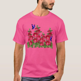 Camiseta Hollyhocks Rosa Botterfly Algodão confortável T-Sh