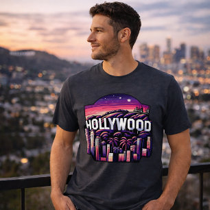 Camiseta Hollywood Skyline   Arte de paisagem urbana retrô-