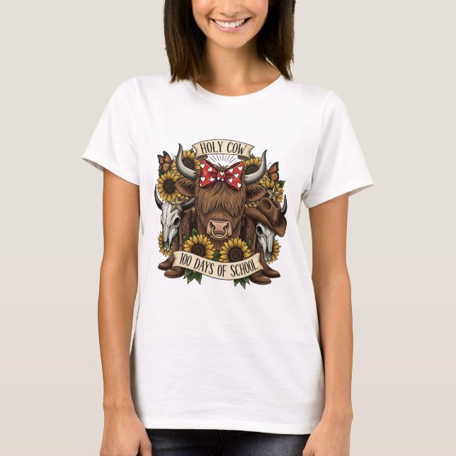 Camiseta Holy Cow 100 Days of School Western Boho Cowgirl T (Frente)