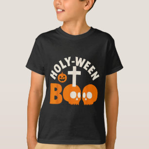 Camiseta Holy-ween Boo Natal Cristão do Dia das Bruxas Cruz